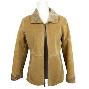 VTG Guess Shearling 100% Leather Patchwork Tan Full zip Jacket Size Small